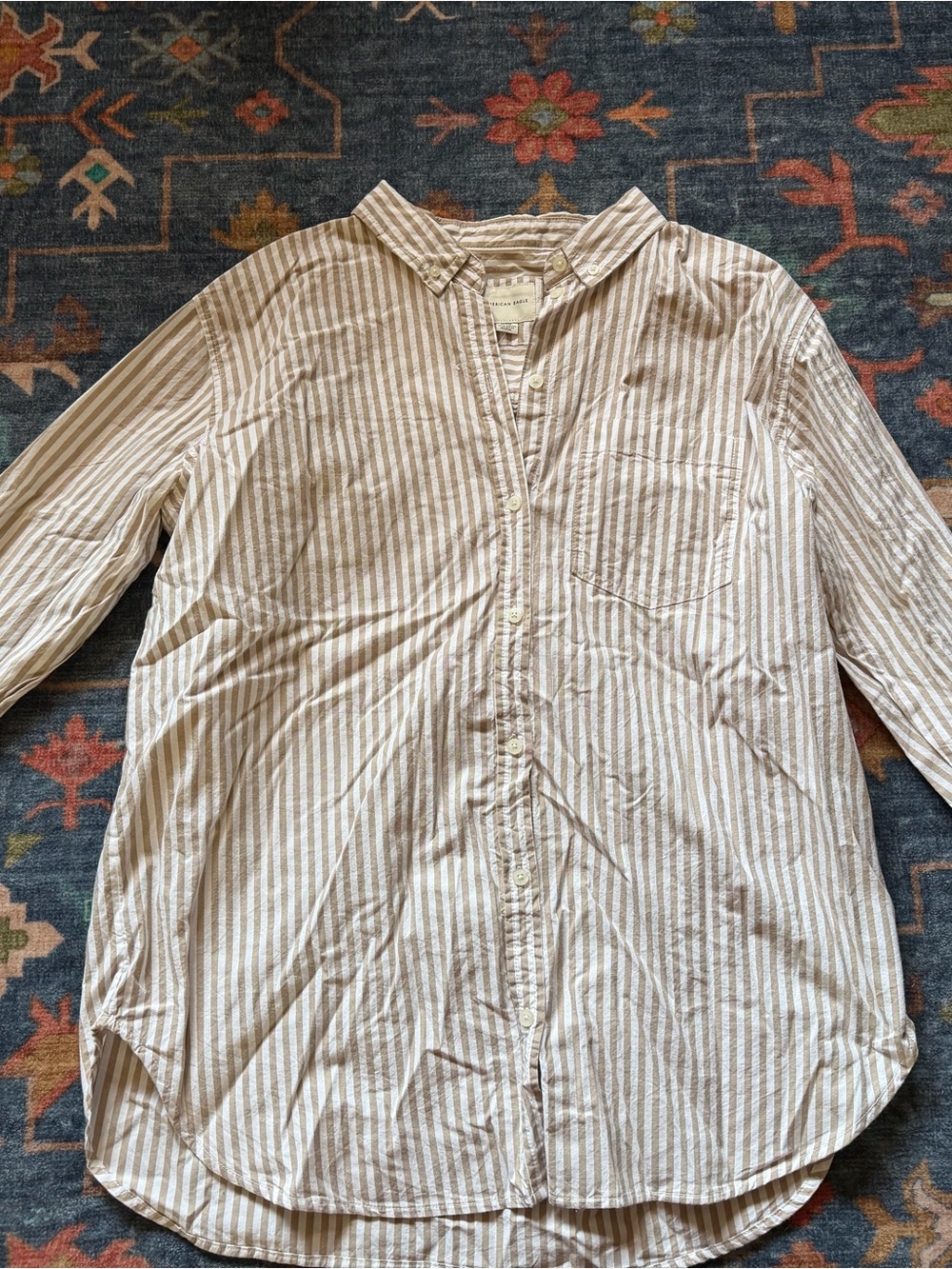 American Eagle Outfitters Tan and White Striped Button-Down Shirt Womens